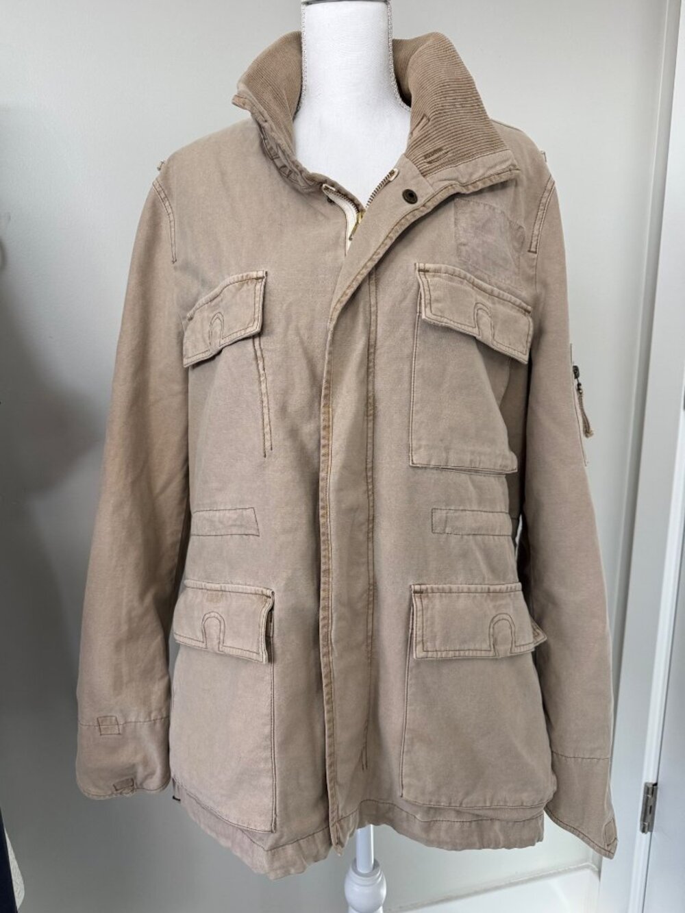 True Religion Tan Cargo Coat Jacket Womens XXL Sherpa Lining Grunge Retro